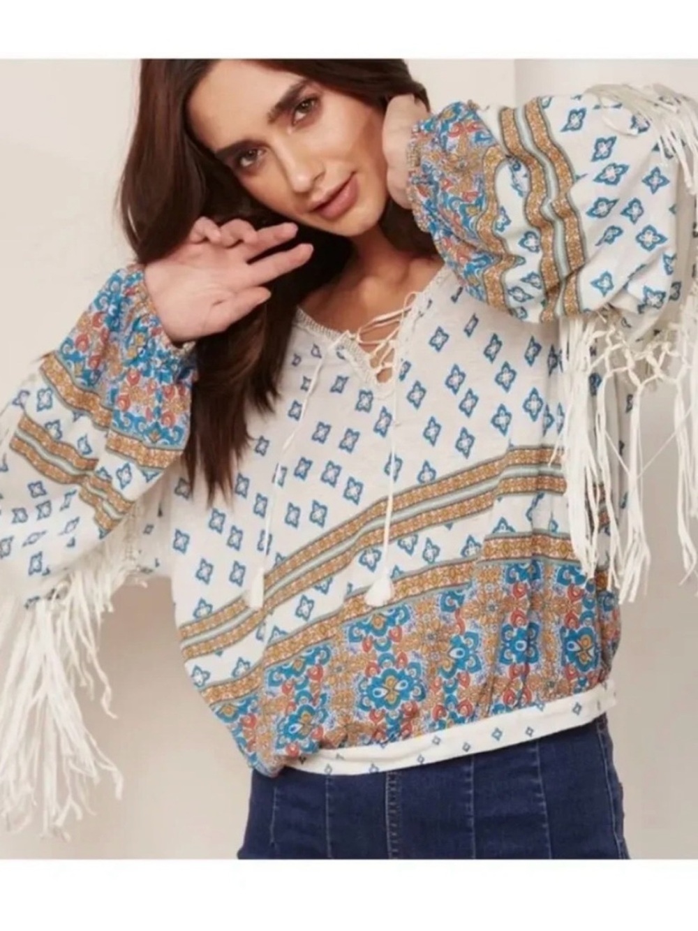 Free People Macro Me Crazy Boho Lace-Up Blouse Size Large